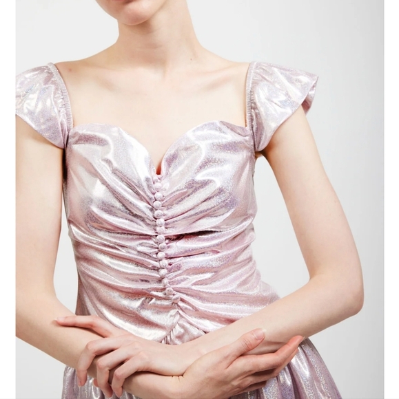 Batsheva Designer Shimmery Metallic Pink flutter sleeve sweetheart Dress size8/4 - Picture 12 of 15